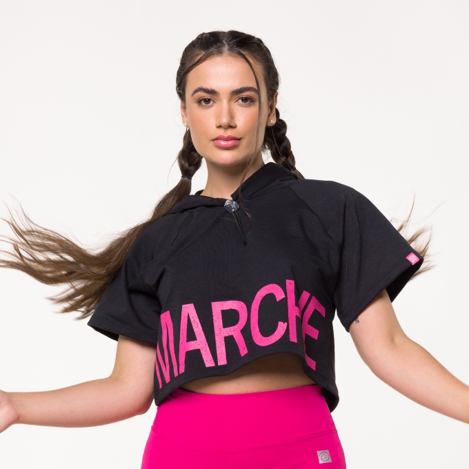 Cropped Preto em Moletinho com Capuz e Silk Marche Rosa Enjoy