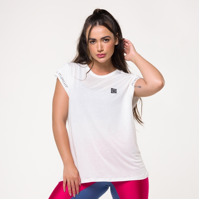 T-Shirt Muscle Branco Pérola com Silk Logo e Escrita Marche Preta